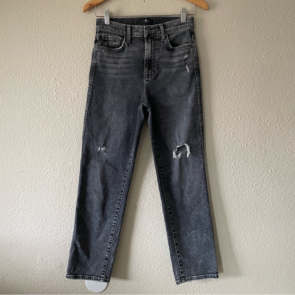 7 For All Mankind High Waist Cropped Straight Jeans Womens 26 Faded Black Ripped